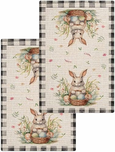 Juego de 2 toallas de cocina de tejido de punto gofre de algodón, diseño vintage de conejo de Pascua a cuadros negros, huevos florales de 16 x 24