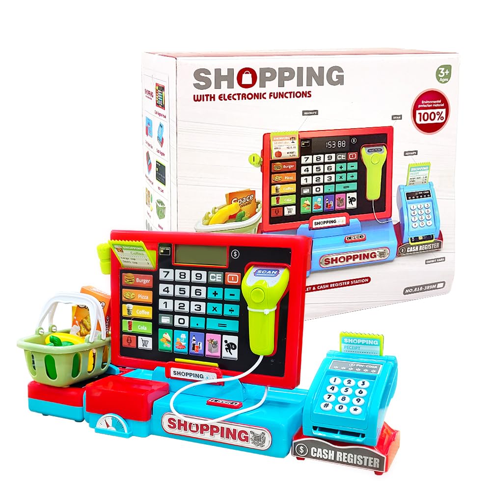 INCHOI Kids Cash Register Toy Playset with Real Calculator, Checkout Scanner, Weighter, Credit Card, Play Money, Conveyor, Food Toys, Toddler Pretend Play Store, Grocery Shopping Toys for Kids
