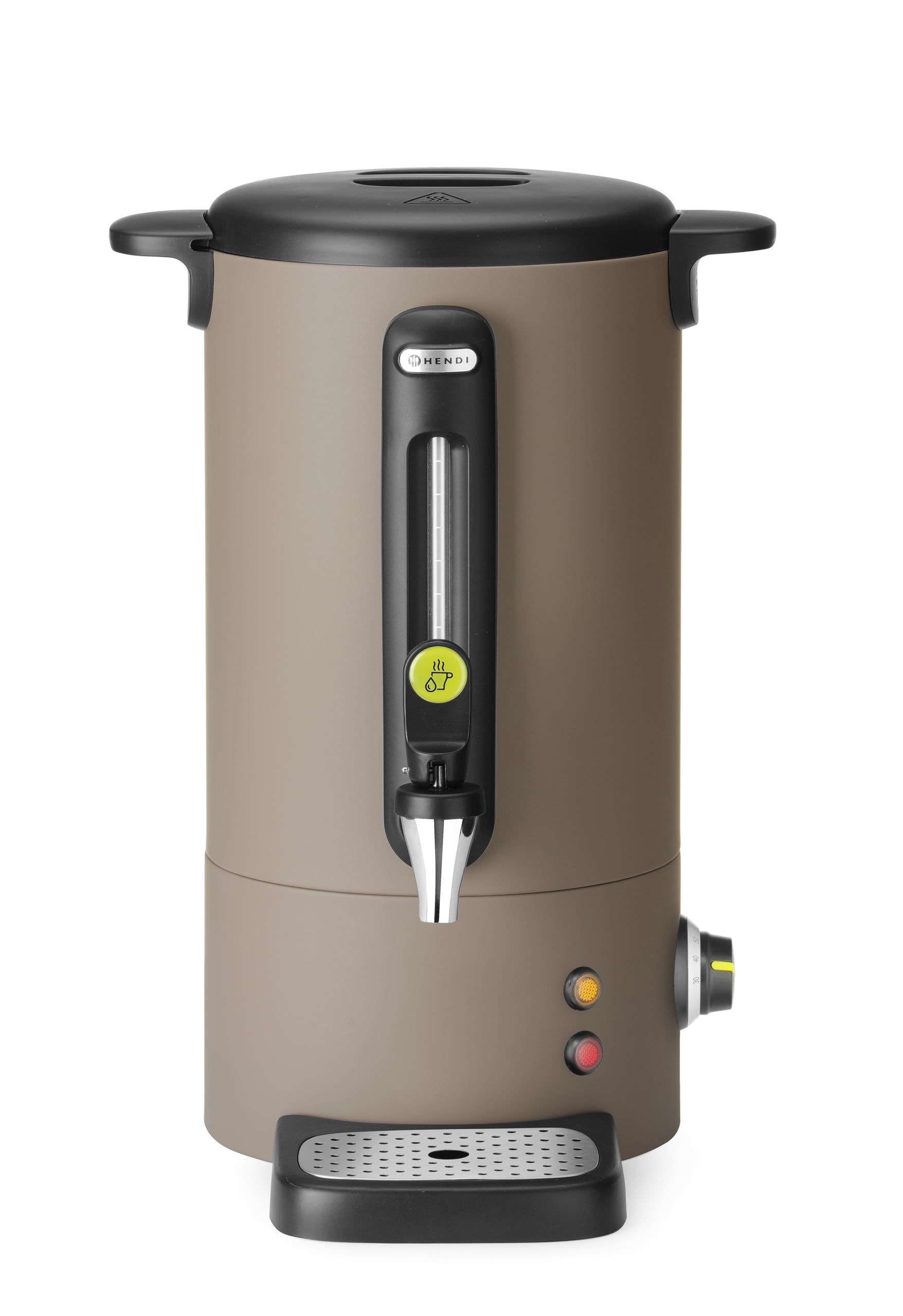HENDI Bollitore per bevande calde 9L UNIQ, dispenser acqua calda con parete singola, per vin brulè e acqua bollente, fino a 100°C, 230V, 50/60Hz, 950W, 307x330x(H)450mm, grigio tortora, Inox, PP