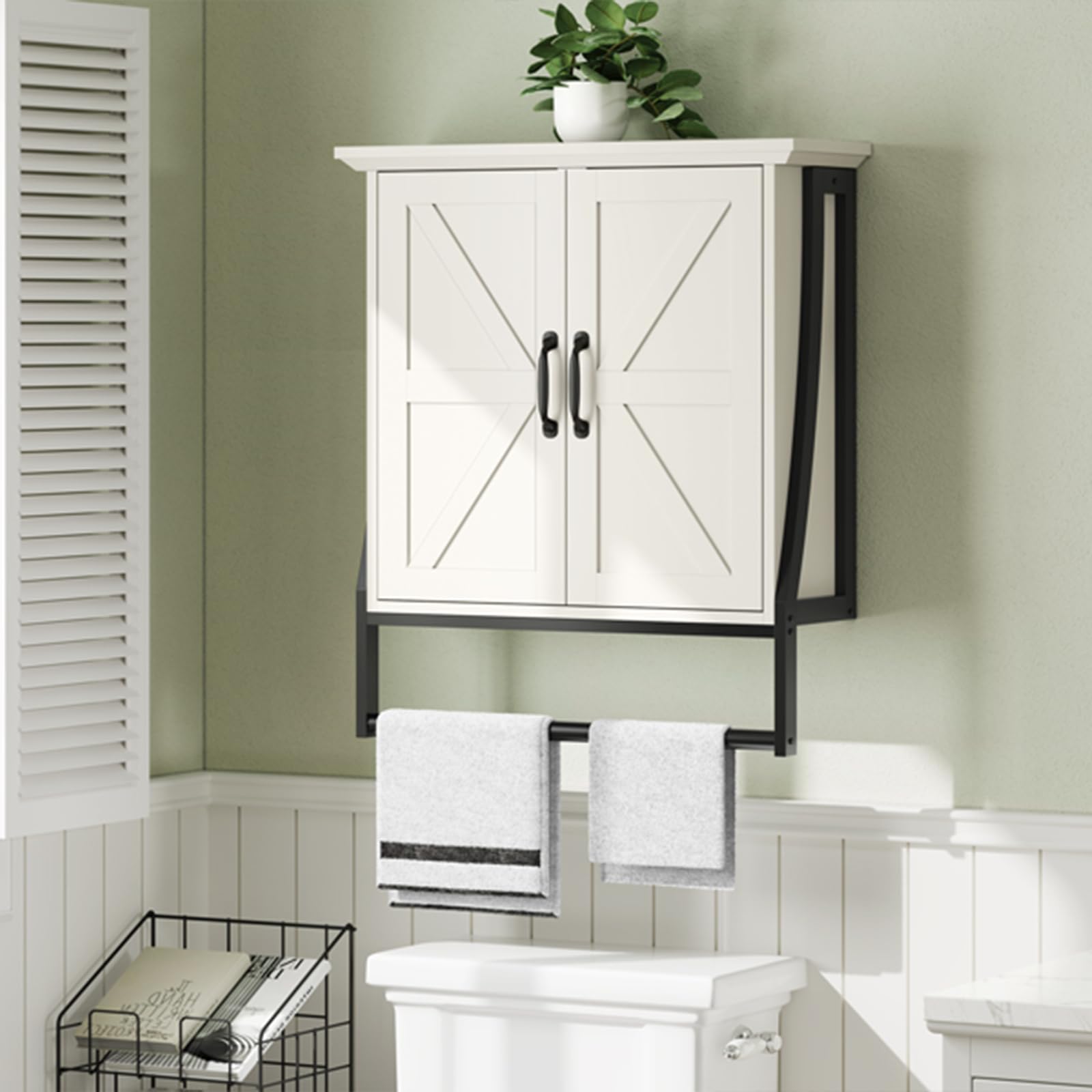 MXARLTR Armadietto portaoggetti da parete per bagno, sopra il WC, armadietto da parete con 2 ante a fienile, da appendere alla parete, armadietto per medicine con barra porta asciugamani (bianco