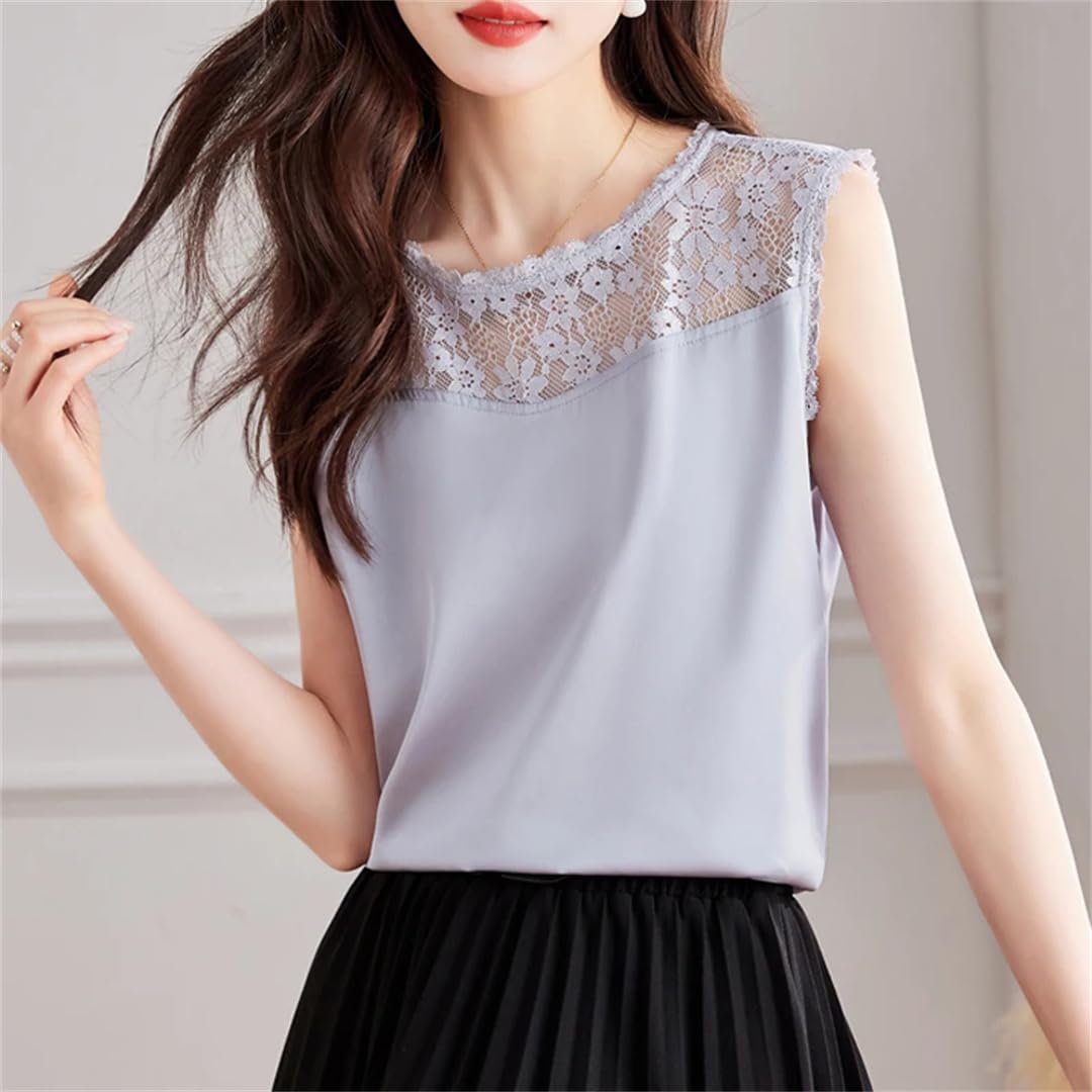 Canotta da donna in raso di seta con scollo a V primaverile estate moda patchwork pizzo ricamato canotte