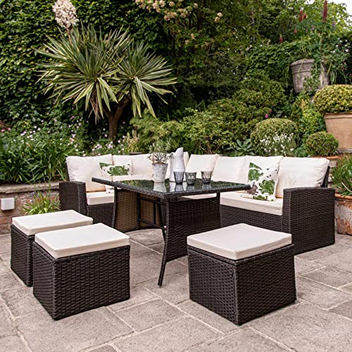 Image of DEVOKO 6-Pcs Conversation Wicker Sofa Dining Table, Outdoor Patio Furniture Set with Cushions for Garden, Poolside, Balcony (Dark Brown and Cream)