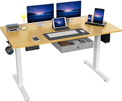 DUMOS Escritorio eléctrico de oficina de pie de 55 pulgadas, altura ajustable, estación de trabajo de PC, mesa de trabajo de madera para el hogar,