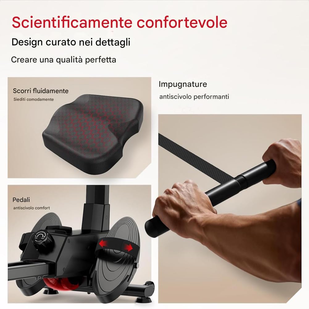 BAKAJI Vogatore Pieghevole con 8 Livelli di Resistenza e Sistema di Chiusura Salvaspazio e Spostamento con Rotelle Ergonomiche, Rematore Silenzioso da Palestra Fitness Home Gym per Cardio