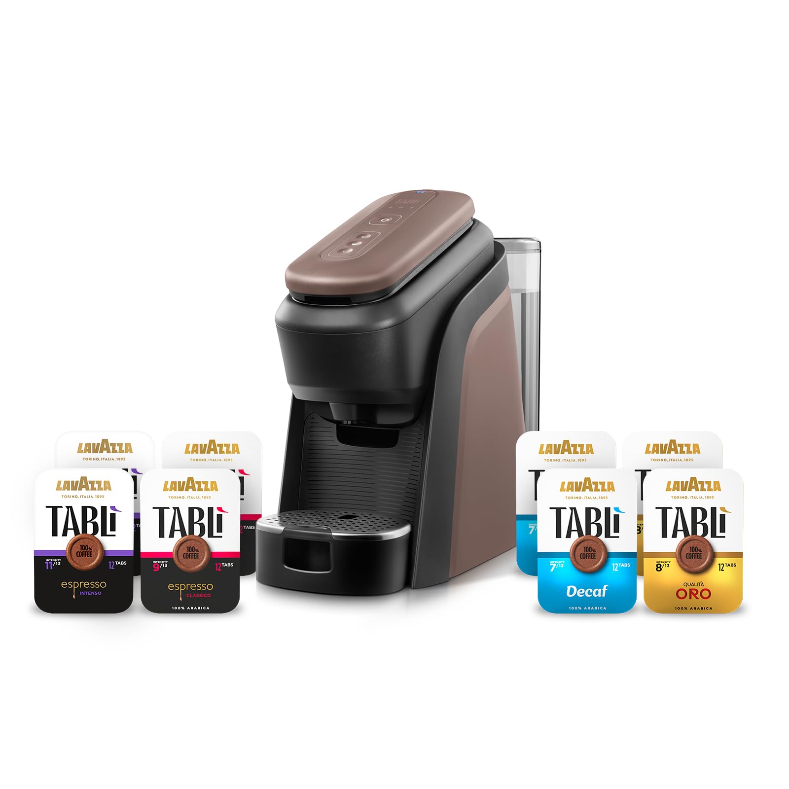 Lavazza, Tablì, Macchina Caffè Creata Esclusivamente per Tab 100% Caffè, con Variety Pack Tab 24xQualità Oro, 24xEspresso Classico, 24xEspresso Intenso, 24xDecaf, 165x330x390mm, Marrone