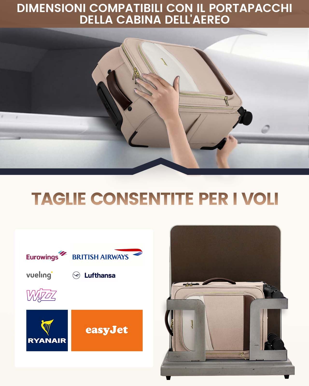 LOVEVOOK Valigia Bagaglio a Mano, Trolley Leggero Morbido Valigia da Viaggio con 4 Ruote e Lucchetto TSA, Piccola Valigia da Cabina da 55 cm con Scomparto per Laptop, 45L