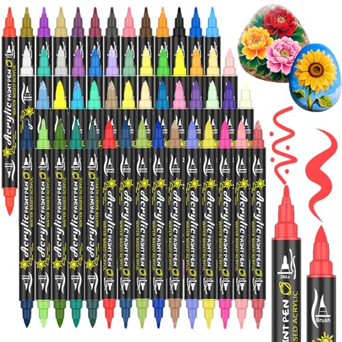 Lyuvie 54 Couleurs Feutre Marqueur Peinture Acrylique-Acrylic Paint Marker Stylo Peinture Acrylique Pointe Fine & Pinceau pour Roche Tissu Pierre Bois Verre Papier Plastique