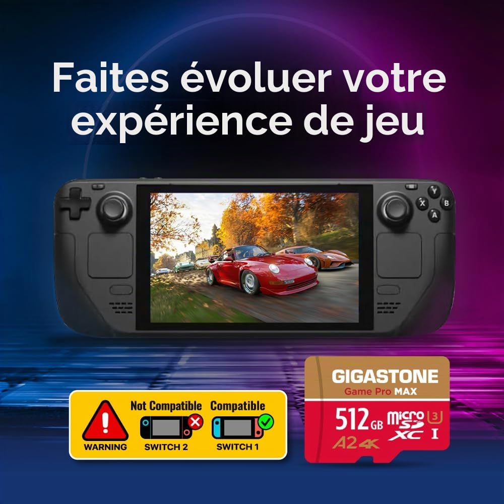 【pour Switch 1 Seulement】 GIGASTONE MicroSDXC 512 Go, Game Pro Max, Vitesse jusqu'à 170/140 Mo/s, pour Switch 1, Steamdeck, 4K Video A2 V30 U3 MicroSDXC avec Adaptateur【Récupération Gratuite 5 Ans】