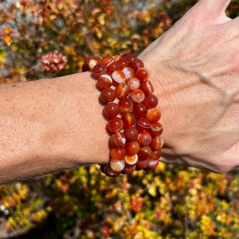 Miniatura 7 de SofiaCreations Handmade Red Banded Agate Crystal Beaded Bracelet, Natural Carnelian Gemstone Crystal 8mm Round Beads Stretchy Bracelet, Healing