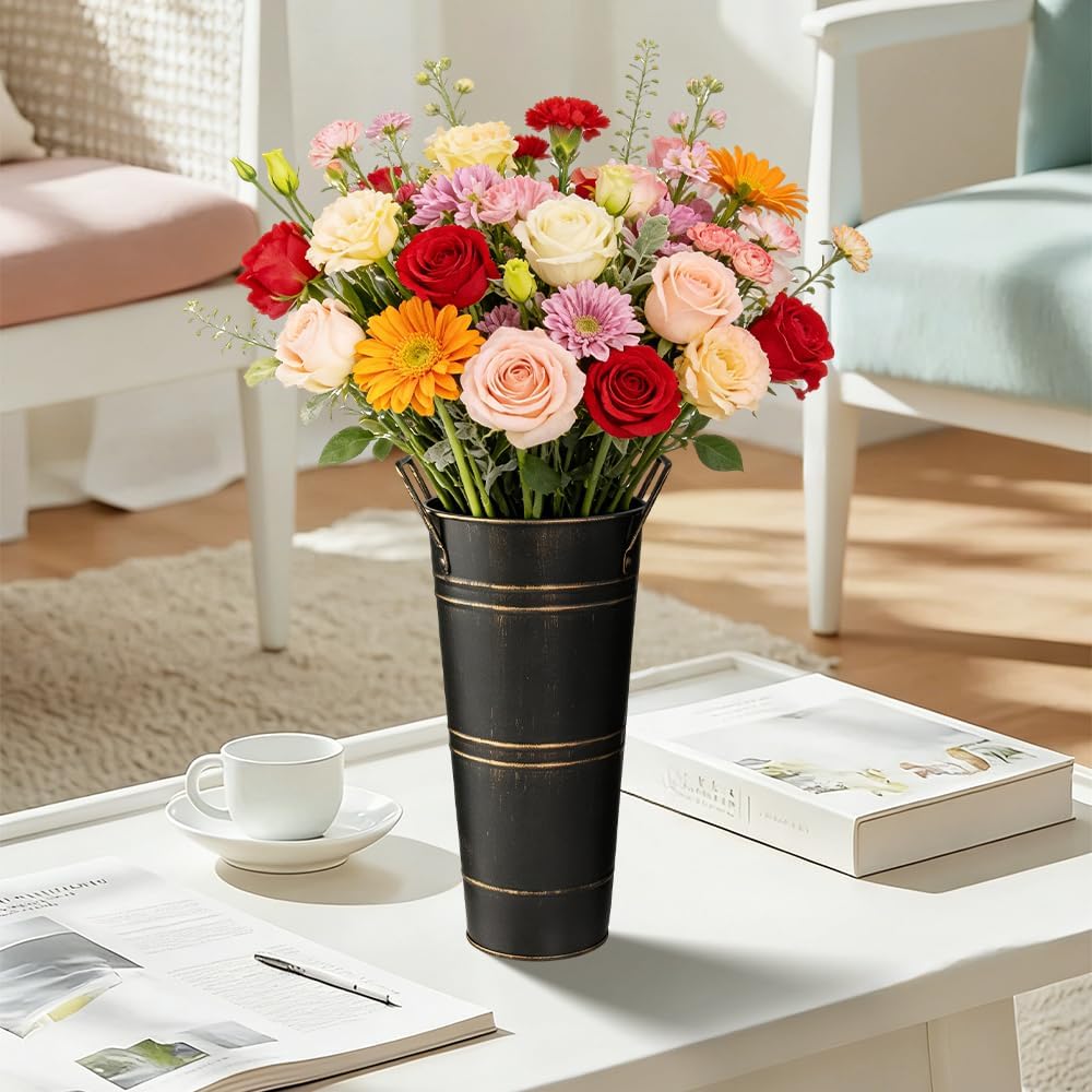 8 Pcs 10 Inch Galvanized Metal Vase, Farmhouse Decorative Flower Buckets for Cut Flowers, French Country Decorative Vases for Home Table Wedding Birthday (Black)
