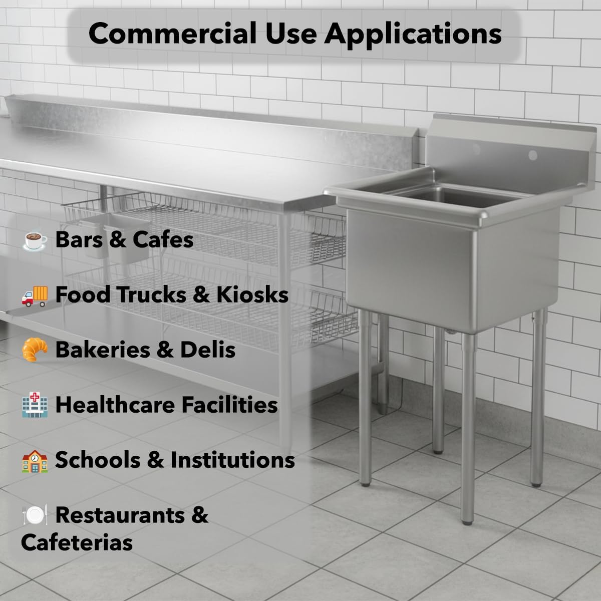 23.5" Commercial One Compartment Sink - 18-Gauge 304 Stainless Steel, 18"x18"x12" Bowl, Galvanized Legs, Adjustable Feet - Utility Prep & Wash Sink for Restaurant, Bar, Kitchen