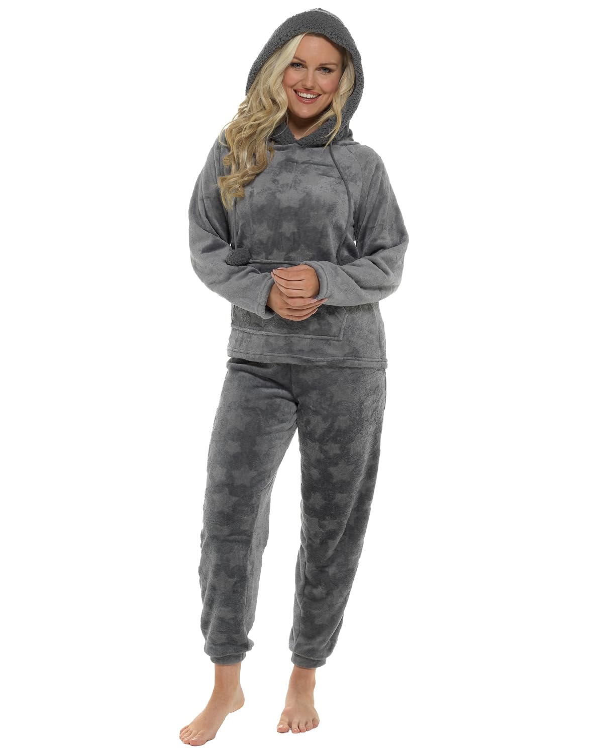 Slumber Hut Women's Star Embossed - Charcoal Star Embossed Hooded Lounge Set Ln1492 Charcoal 16-18