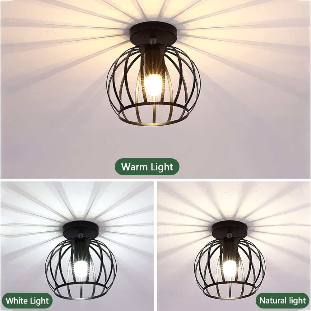 2 Pack Semi Flush Mount Ceiling Light Fixture, Black Metal Cage Pendant Ceiling Light Fixture, Hallway Light Fixtures for Hallway Porch Entryway Foyer Farmhouse
