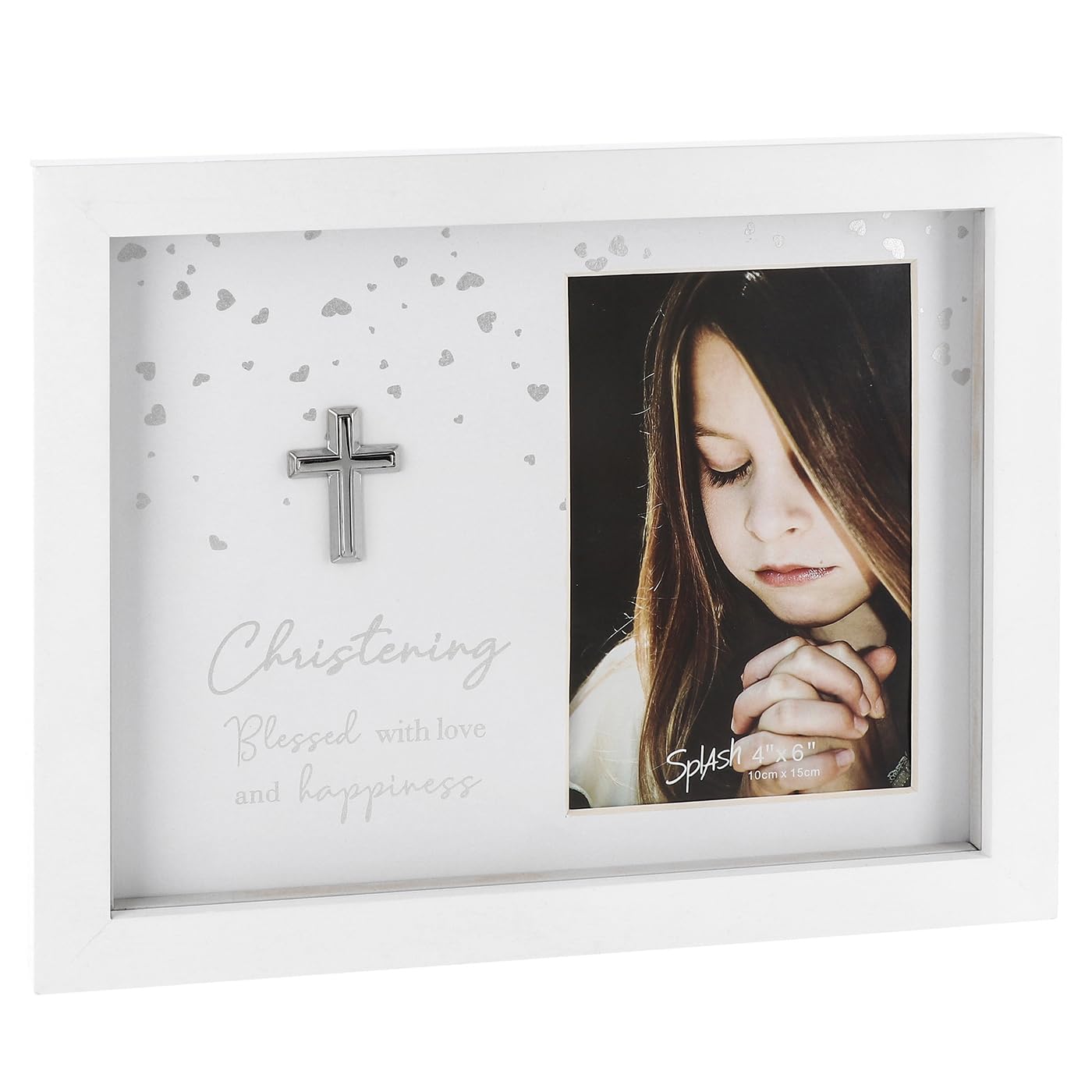 Shudehill Giftware White Sentiment Sparkle Christening 6X4 Photo Frame - Christening Blessed With Love And Happiness Themed Gift Idea