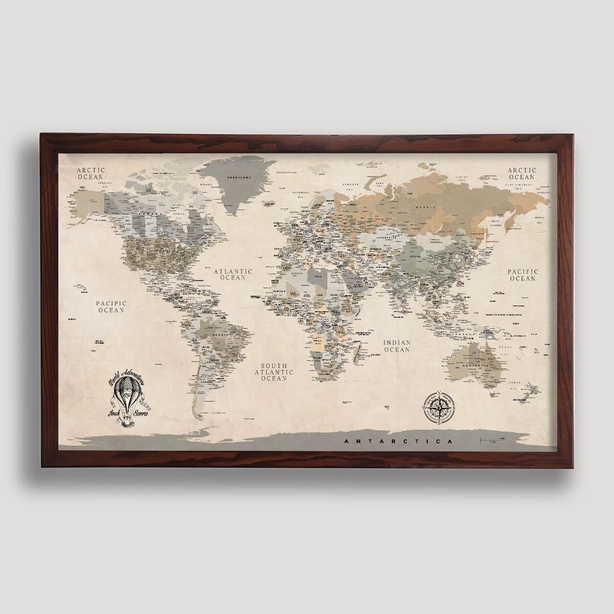 Canvas Art Bay Mapa świata w stylu vintage - spersonalizowana mapa świata płótno - szczegółowa mapa podróży z pinami - duży wydruk mapy świata - tablica przypinana do mapy świata - niestandardowy