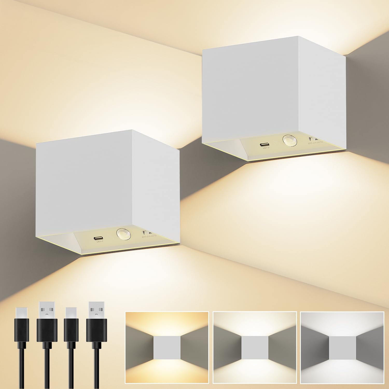 Rechargeable Wall Lights with Motion Sensor, Battery Operated, White 2 Pack