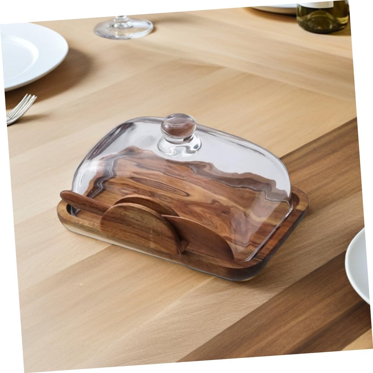 Unomor Elegant Wooden Butter Dish with Glass Dust Cover Multi-functional Food Organizer for Cheese Snacks and Desserts Easy to Clean for Countertop Kitchen Decor