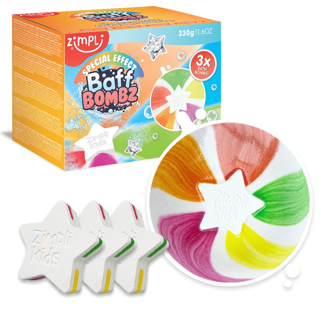 3 x Large Star Baff Bombz, Create a rainbow effect, fizzing, bathtime adventure, Christmas Stocking Fillers for Kids, Organic, Moisturising Bath Bombs