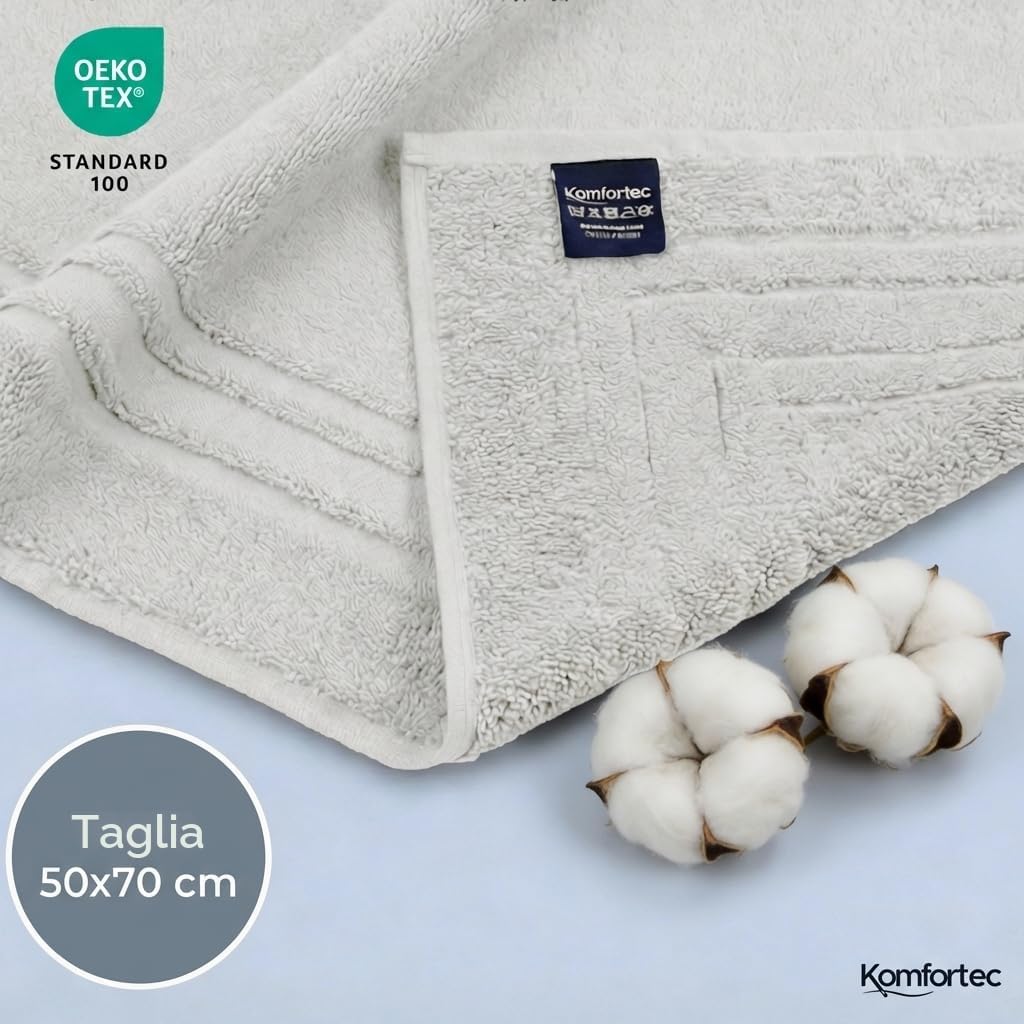 Komfortec - Set di 2 Tappetini da Bagno, Tappetini in Spugna per Doccia, Lavabili, Assorbenti e a Rapida Asciugatura – 600 g/m², 100% Cotone, 50x70 cm, Bianco