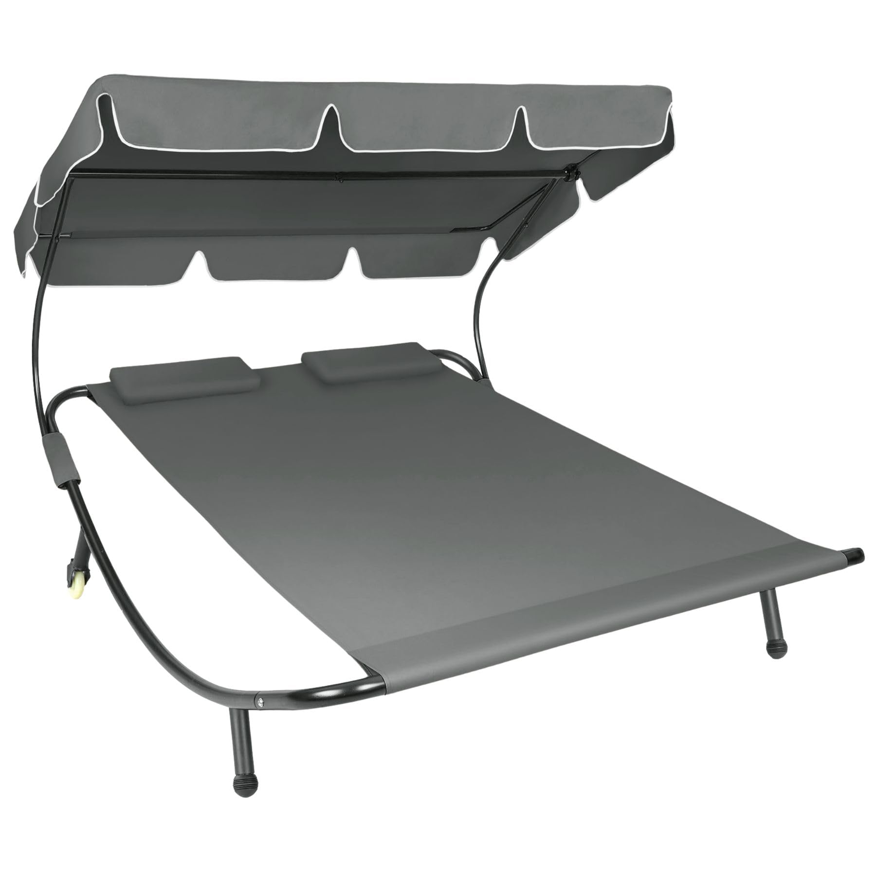 TecTake® Tumbona Doble de Jardín, Tumbona de Playa con Parasol Plegable, Tumbona de Piscina para Dos, Tumbona Jardín Exterior con 2 Ruedas y Cojines, Fácil Montaje, Interior y Exterior - Negro/Gris