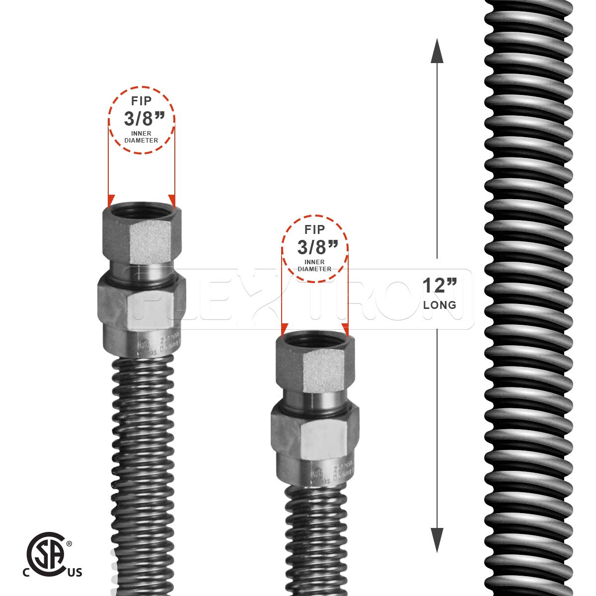 Highcraft GUHD-TT14-12I Gas Line Hose 3/8'' O.D. x 12'' Length with 0.38 in. FIP Fitting, Uncoated Stainless Steel Flexible Connector, 12 Inch