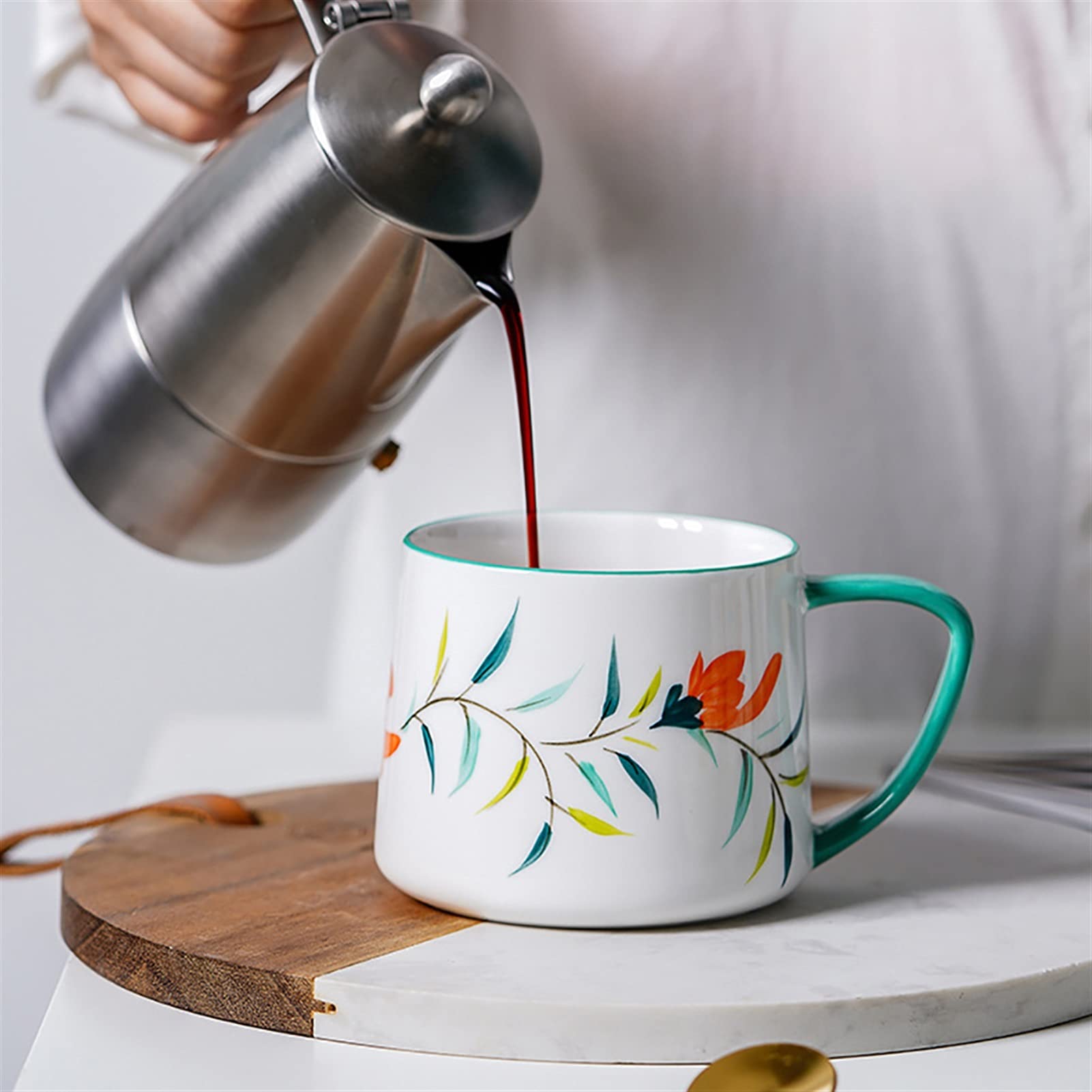 Tazas Linda taza de desayuno de cerámica pintada a mano 320ml Flores de dibujos animados Modelo Mildeo Avena Taza de café Copos de cerámica for el regalo de la casa Taza de cerámica ( Size : 10oz , Co