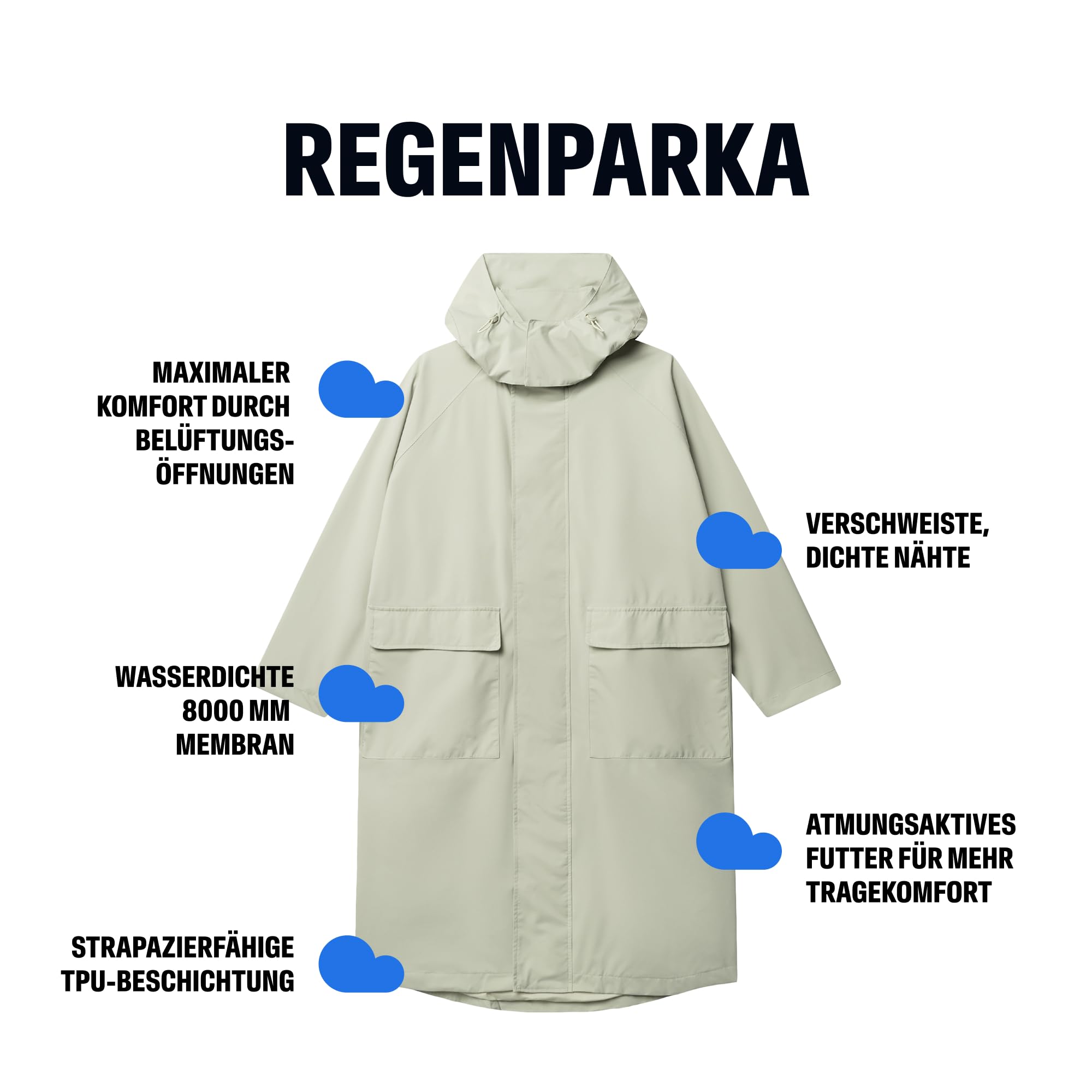 Kubota Langer Regenmantel Oversize, Wasserdicht, Unisex | Damen, Herren, TPU-Beschichtung, getapte Nähte, tiefe Kapuze, Belüftungsösen, leicht verstaubar, mit Futter, 8000mm Membran