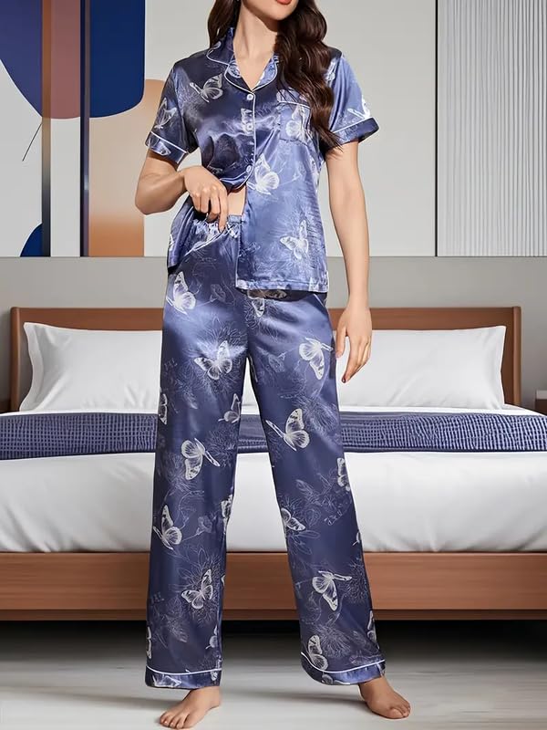 Image of Night Suit for Women with Full Sleeve Button-Down Top with Pant Dress for Woman, Night Dress for Woman, Cotton Two-Piece Loungewear Set