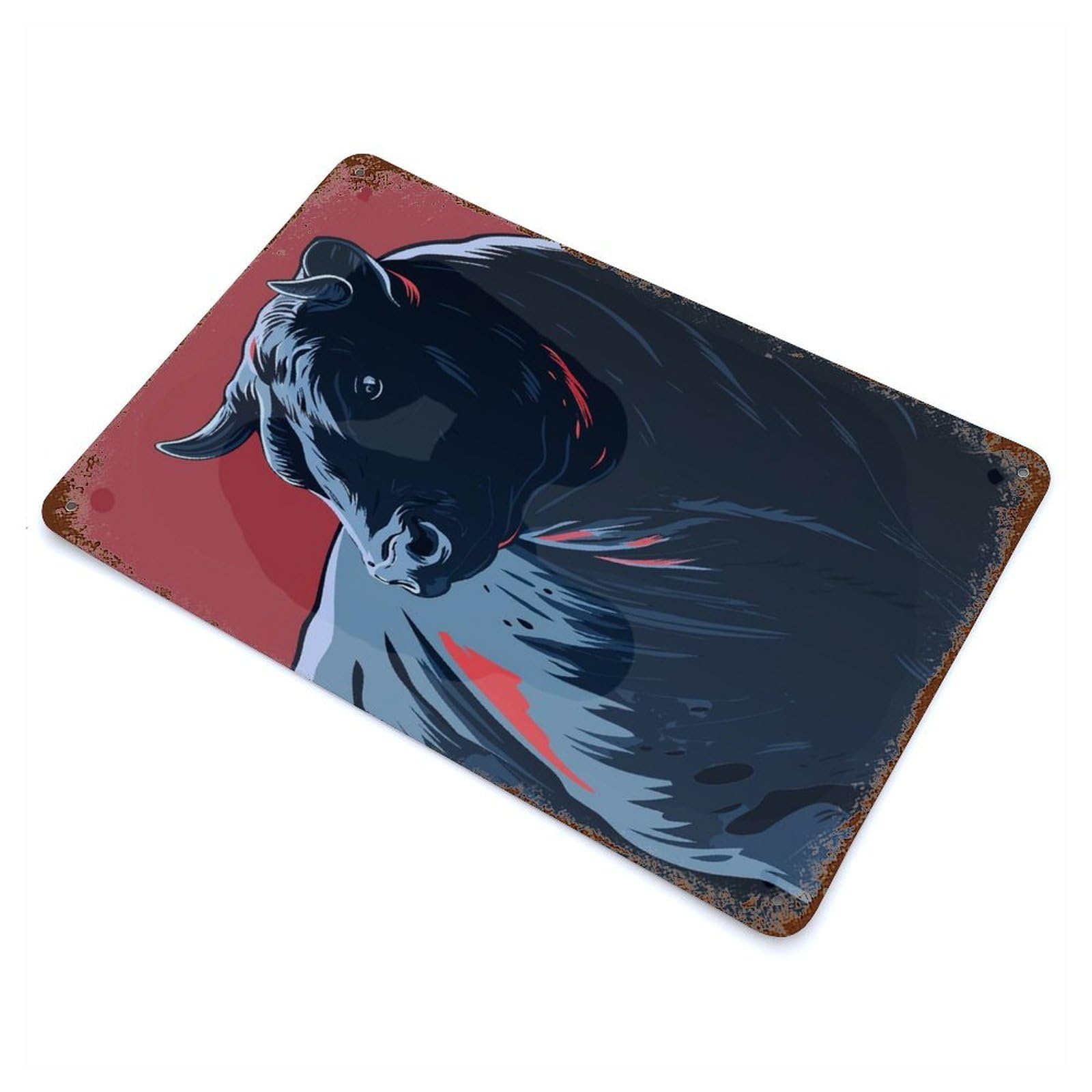 Aged Metal Wall Plaque with Stylized Bull Illustration on Red Background Design 11.8"x7.9", for Farmhouse, Kitchen And Entryway Decor, Retro Wall Decor