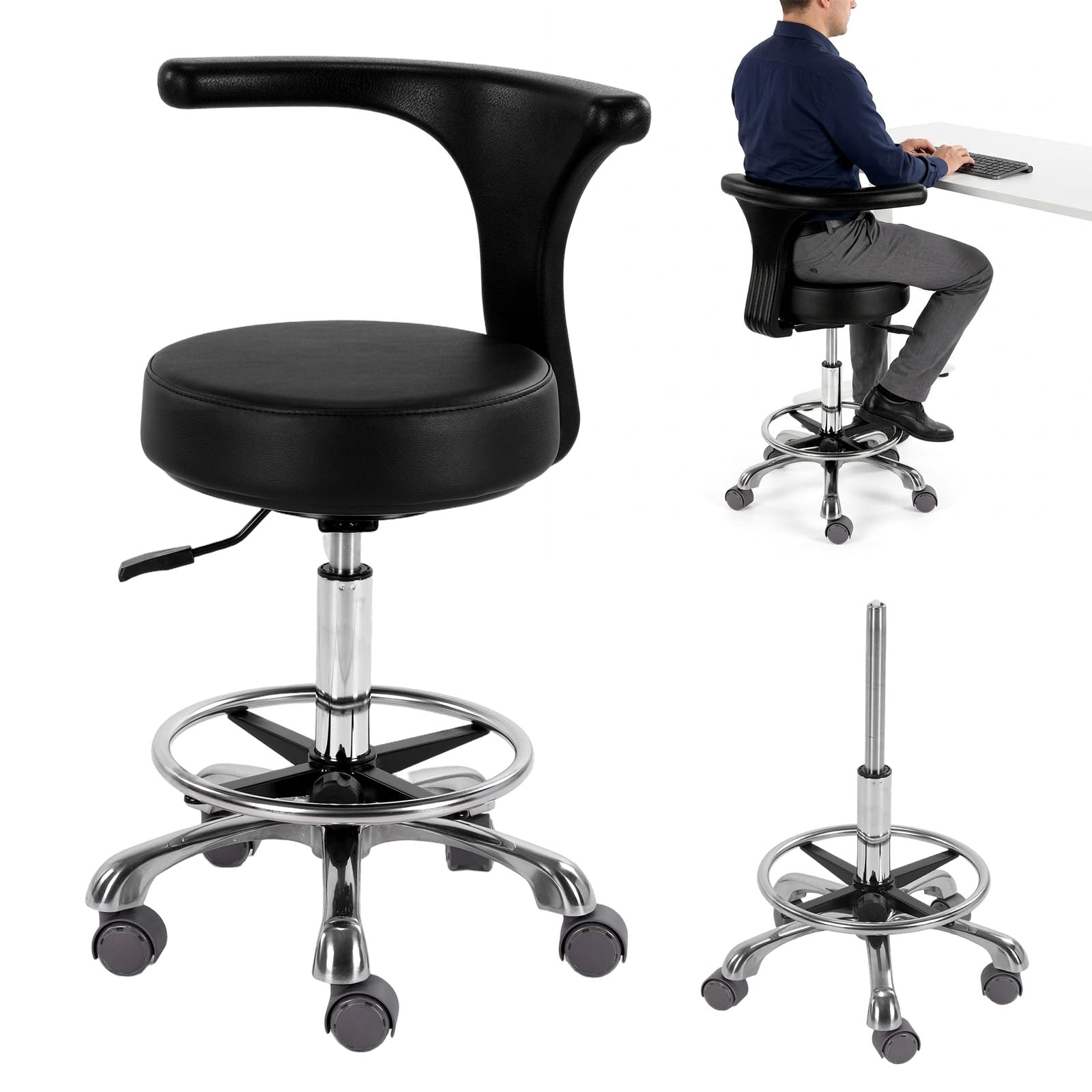 Taburete ajustable con ruedas y respaldo, resistente para oficina, cocina, médico, dentista, tienda, laboratorio y uso doméstico (con reposapiés)
