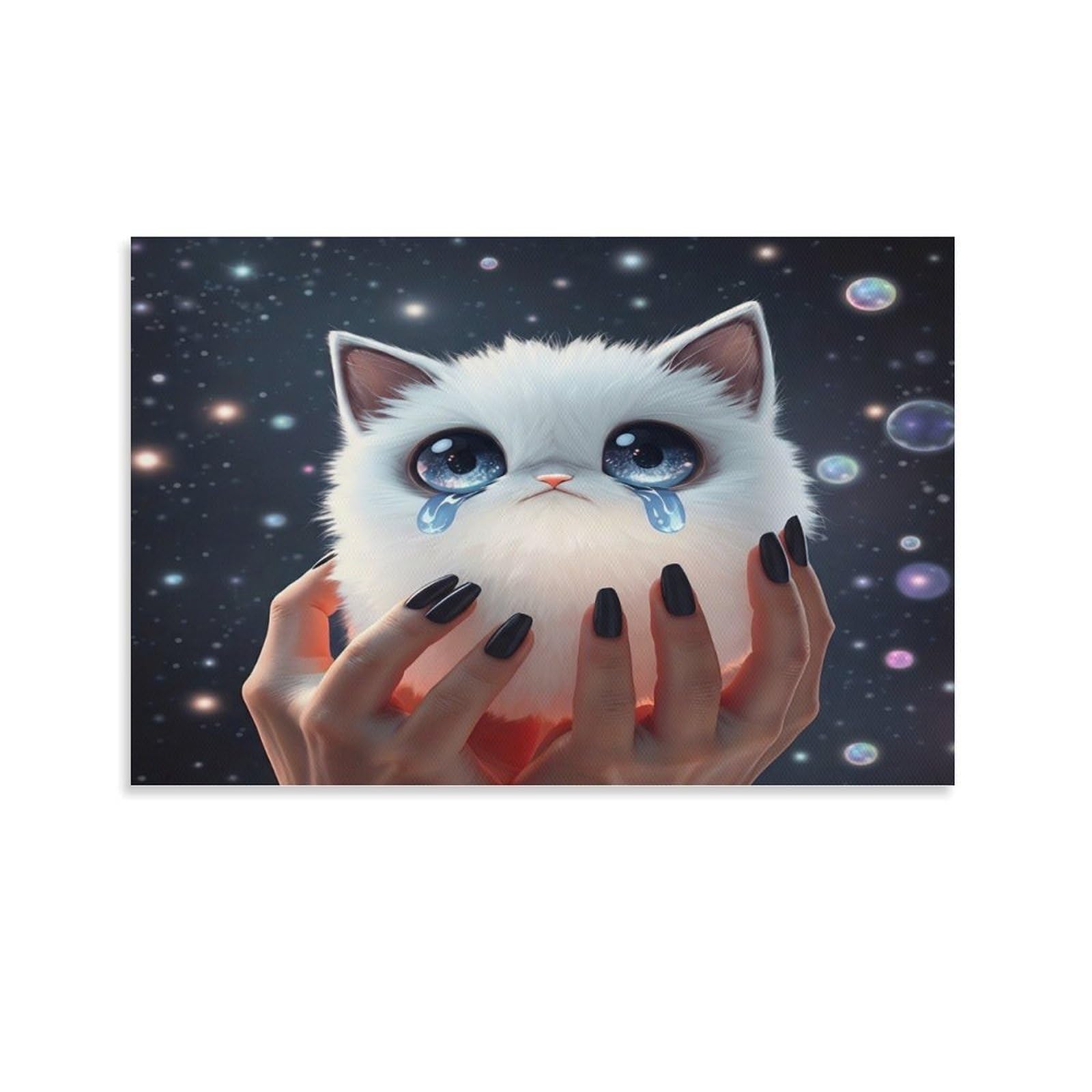 CPLVKWRQJ Crying Cat in Space Single Crying Fluffy White Cat Canvas Wall Art - Fade Resistant Ready to Hang Living Room Focal Point Wall Decor 24x36inch(60x90cm)