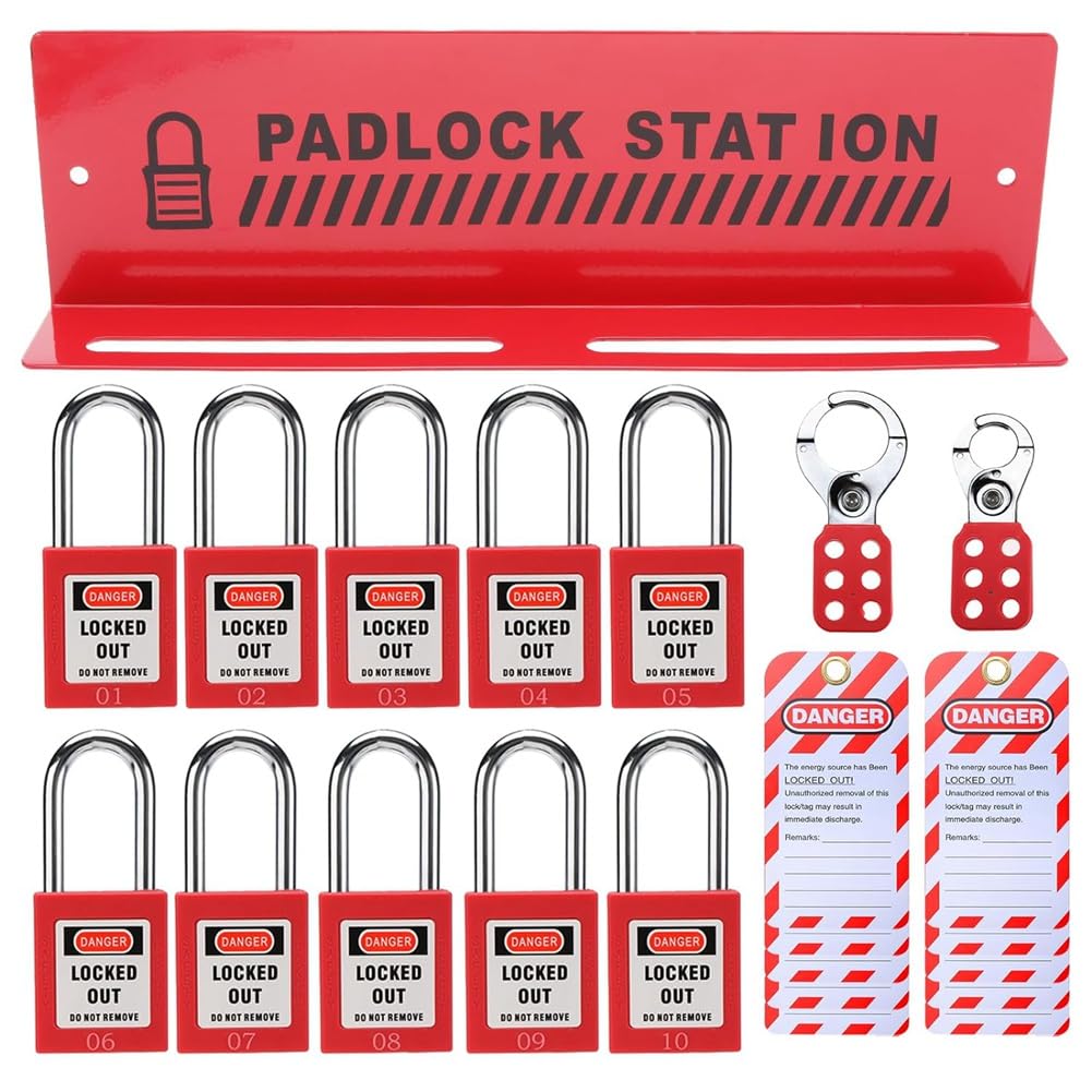 Lockout Tagout Station con 10 diversi lucchetti di sicurezza con chiave, 2 cerniere e 10 etichette di blocco, serrature in ferro rack