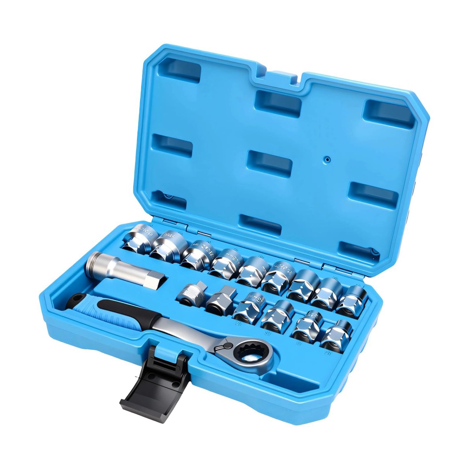Zbiianxer 17 Piece Set Pass Through Socket Set Featuring 12 Point Design Bidirectional Ratchet 8Mm To 24Mm Power Tools Heavy Duty Socket Set Bidirectional Ratcheting