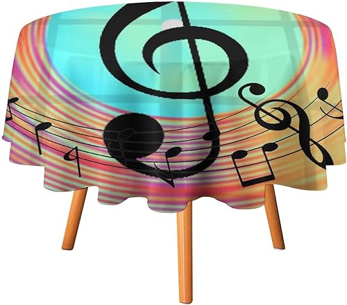 Miniatura 11 de Mantel redondo de cocina con notas musicales retro, estilo rústico y occidental, con estampado de teclas de piano y teclas, mantel redondo Notas