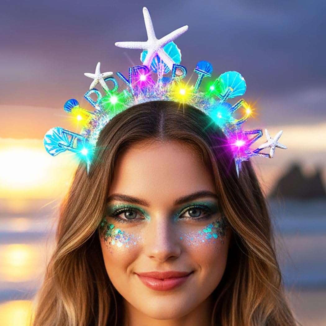 ACEDRE Light Up Mermaid Headband Birthday Crown Seashell Ocean Birthday Hair Accessories for Women