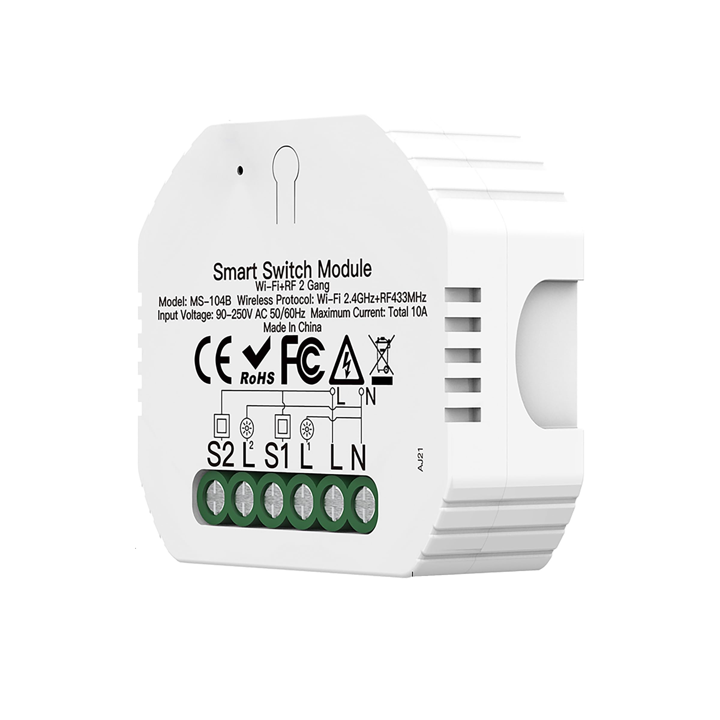 Mini interruptor inteligente WiFi + BLE+RF 3 en 1, 2 canales, 10 A, APP TUYA/Smart Life, compatible con Alexa, CA 90-250 V, 2200 W, 52 x 47 x 18 mm, IP20