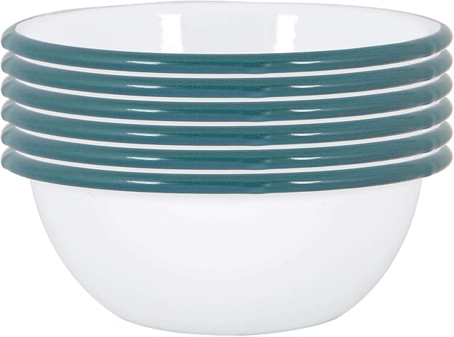 Argon Tableware White Enamel Bowls - Metal Outdoor Camping Food Dishes - 16cm - Green - Pack of 6