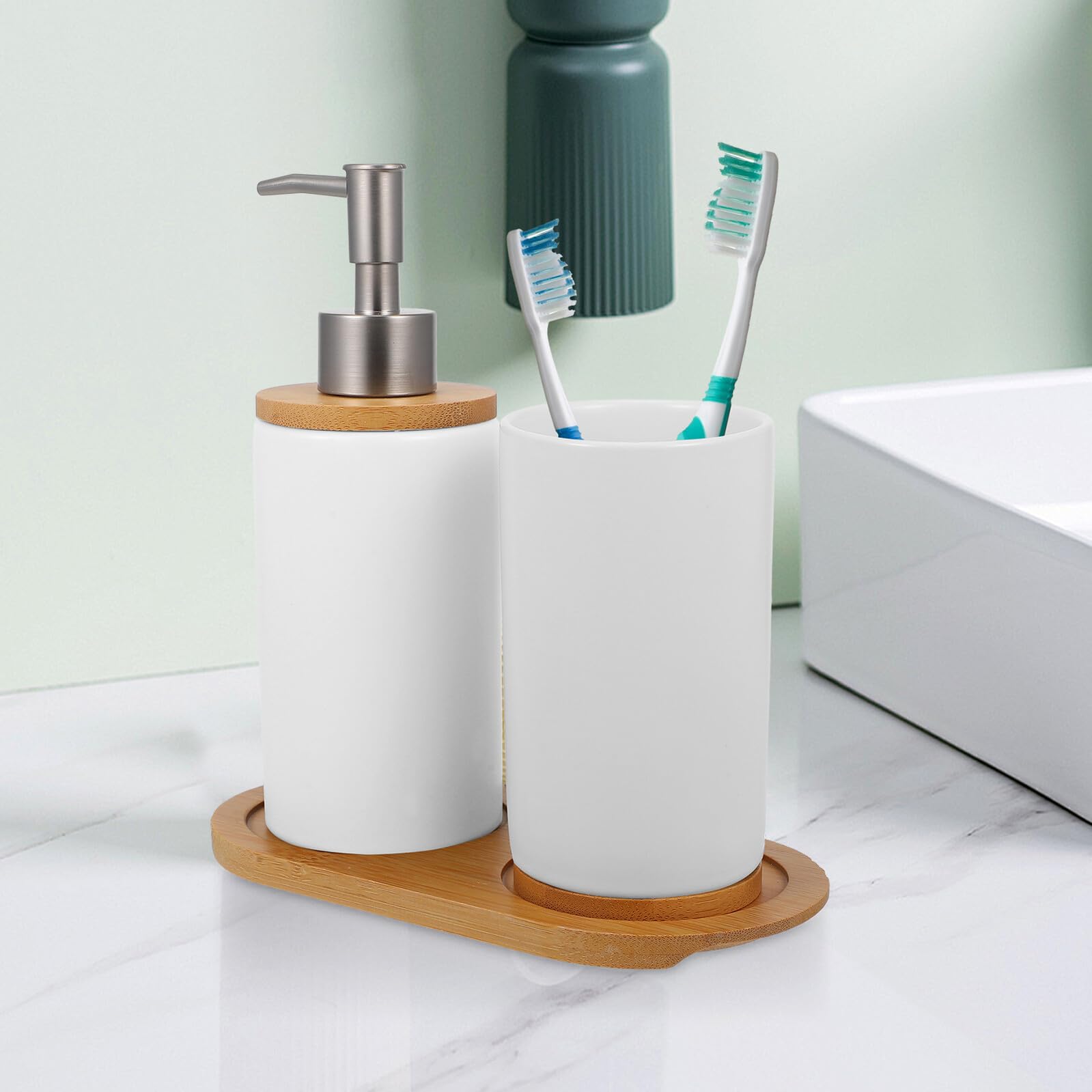 BESPORTBLE Juego de Accesorios de Baño de Cerámica Incluye Vaso para Cepillos de Dientes 350Ml Dispensador de Loción 430Ml y Base Adecuado para Baño y Uso Doméstico