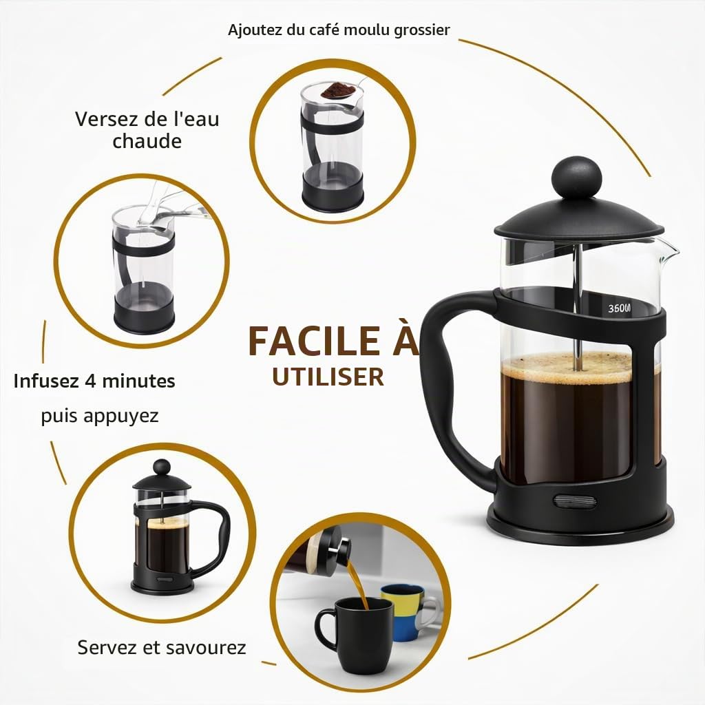 GLOW Classic Continental Cafetière noire 350 ml – Cafetière manuelle de qualité supérieure avec cafetière à piston en verre trempé résistant aux chocs et filtre à piston pour haricots moulus expresso