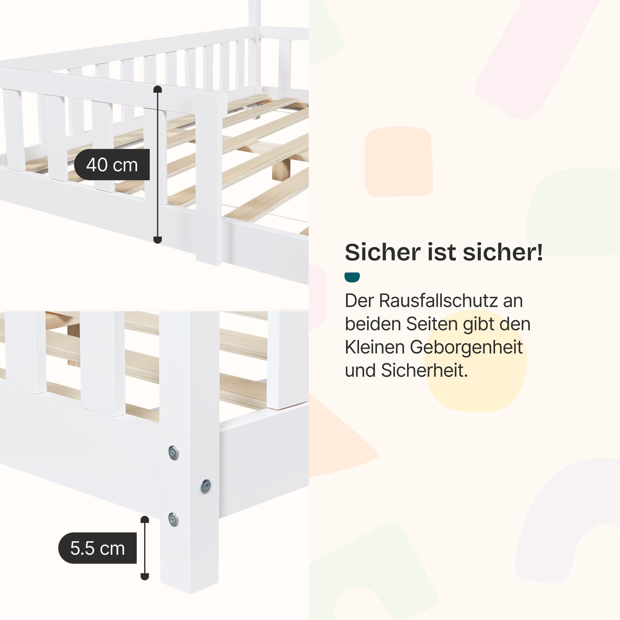 Kinderbett Sisimiut Hausbett Montessori 140 x 200 cm mit Rausfallschutz Holzbett Kiefernholz Weiß matt