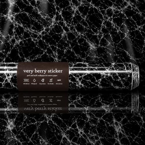 Image of Very Berry Sticker Marble Contact Paper (Black, 24 inch x 118 inch, 1 Pack) | Authentic marble pattern, Thick, Waterproof, Laminate vinyl, Self adhesive, Peel and stick wrap, For countertop and wall