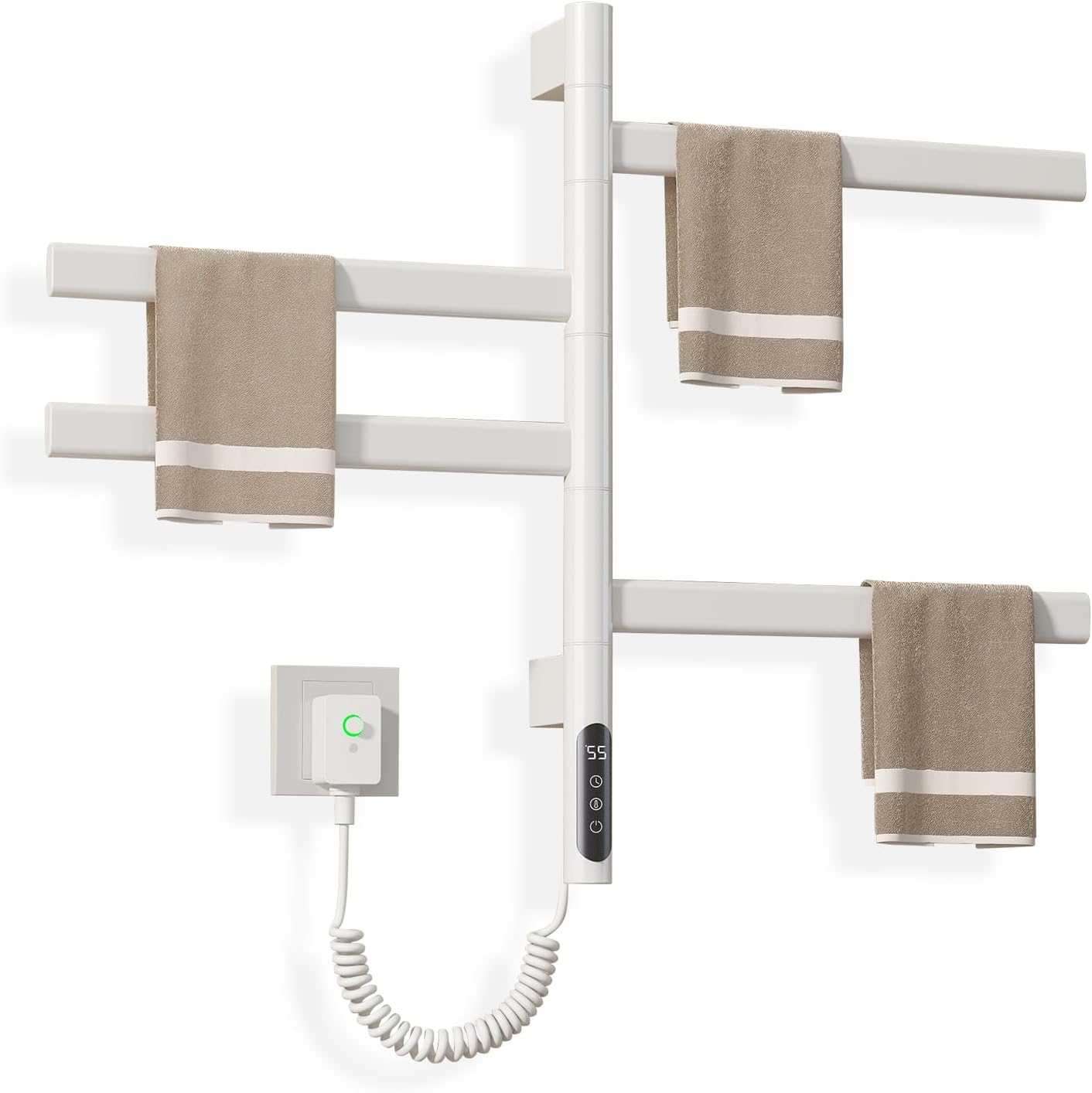 Swivel Heated Towel Racks for Bathroom, Electric Towel Warmer Rack for Small Spaces, 180°Rotation, Wall Mounted, Multi-Level Timer, Temperature Adjustments, for Home, Salons & Spas, White