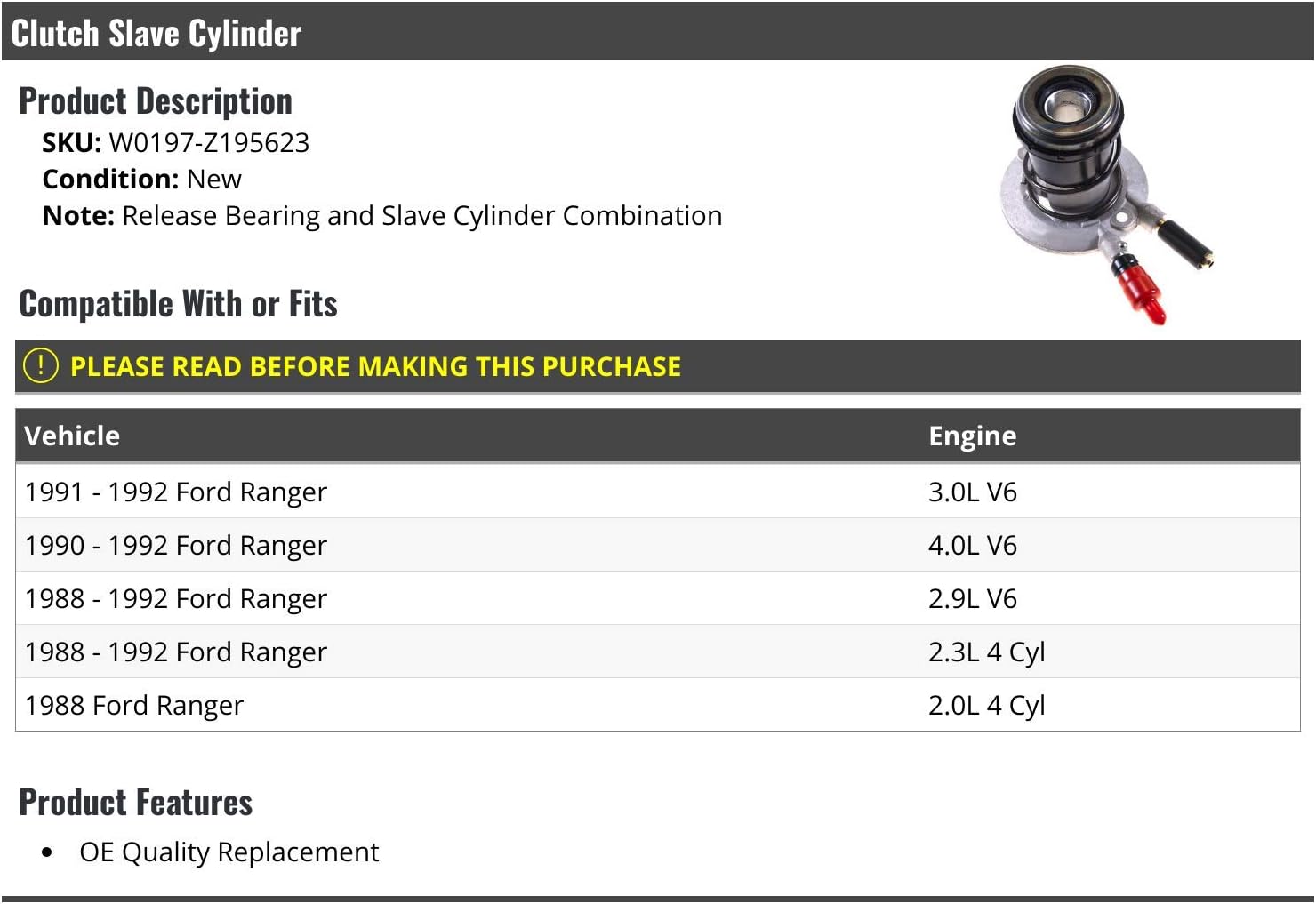 Marketplace Auto Parts Clutch Cylinder with Release Bearing - Compatible with 1988-1992 Ford Ranger