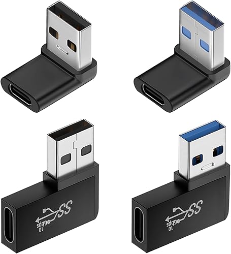 Adaptador USB a USB C de 90 grados (paquete de 4), ángulo vertical hacia arriba y hacia abajo, horizontal a la izquierda y en ángulo recto USB A
