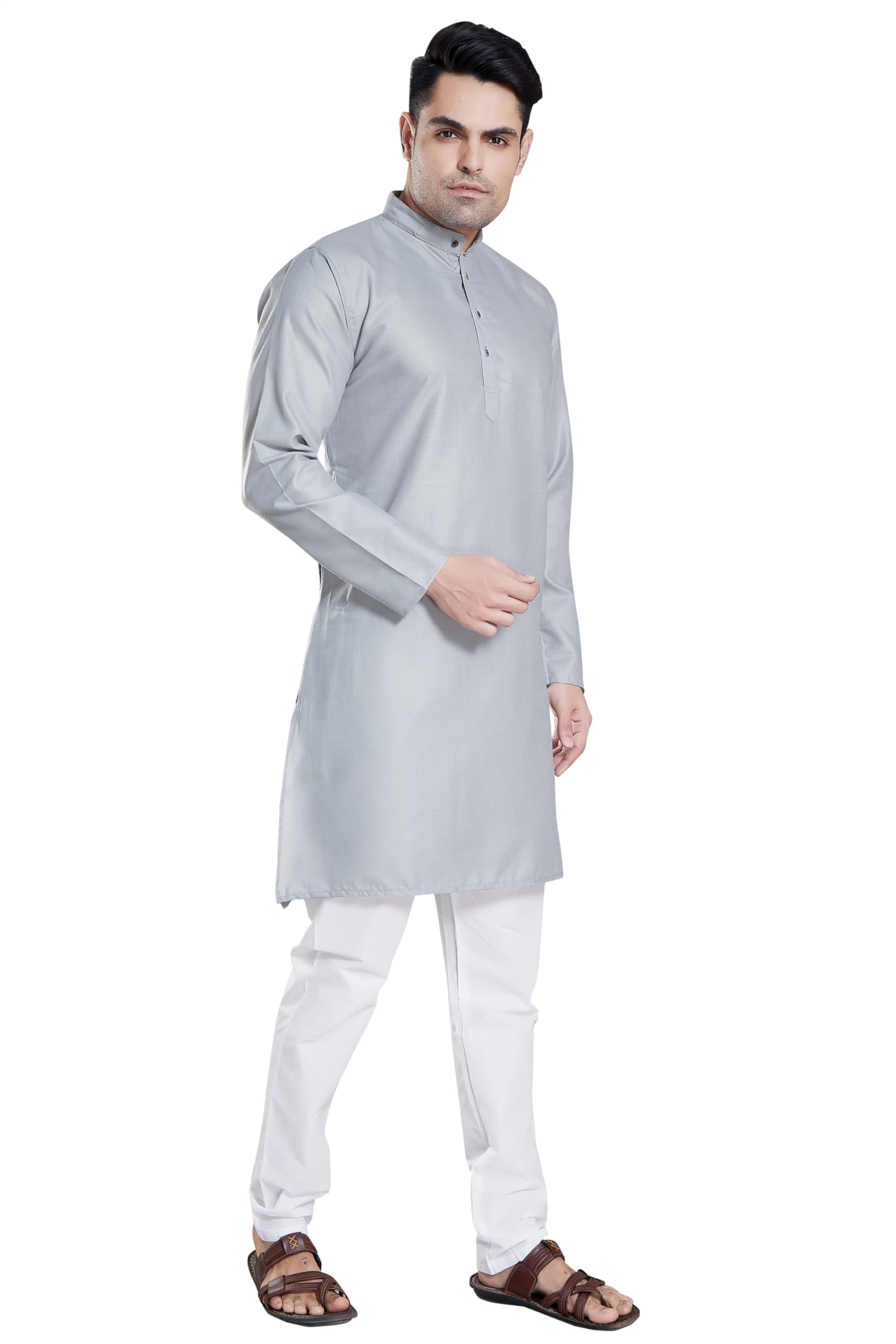 Divisive Men's Plain Cotton Blend Linen Slim Fit Kurta Pyjama Set (Dkrt71_S_Lt Grey)