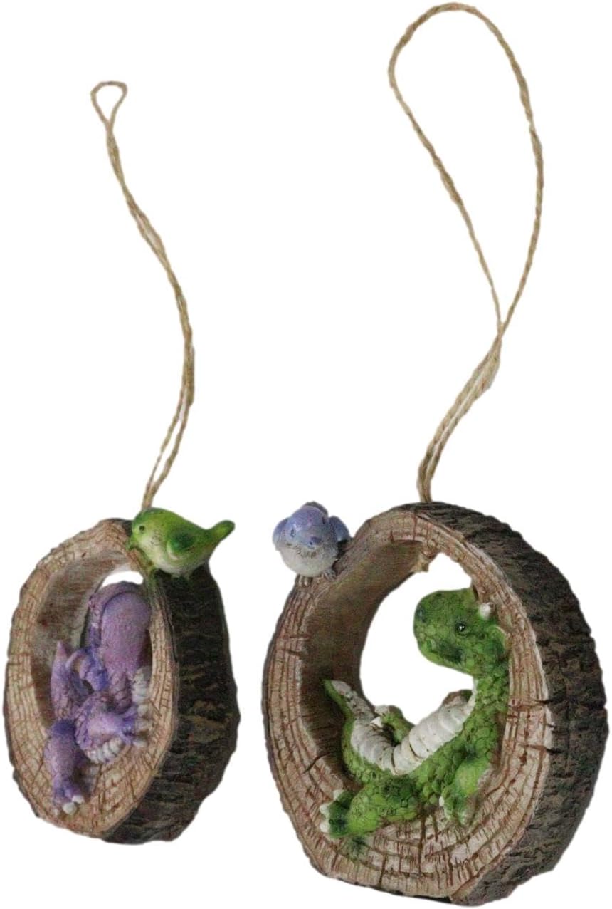 Ebros Gift Pack of 2 Whimsical Green and Purple Dragons Sitting in Wooden Tree Ring with Lovebirds Hanging Ornament Figurines As Halloween or Christmas Tree or Home Dragon Decorative Sculptures