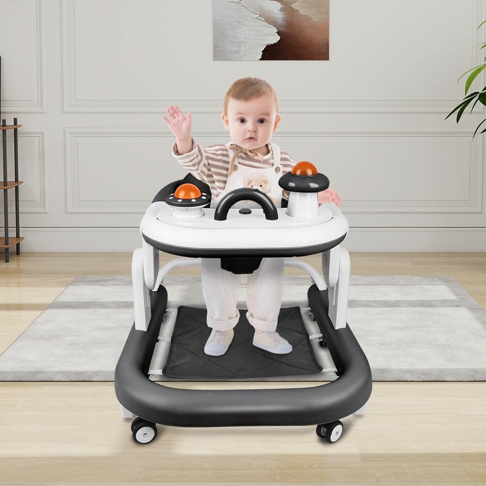 Baby Lauflernhilfe, Baby Walker Höhenverstellbar, Überrollsicherer Lauflernwagen mit Leisen 360°-Laufrädern, herausnehmbarer Esstablett, von 9 bis 18 Monaten,67 * 57 * 46cm – Schwarz