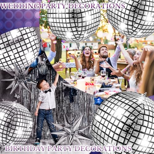 Image of Leitee 6 Pcs Big Disco Ball Balloon 70s Disco Balloons Party Decoration Large 4d Aluminum Foil Inflatable Ball Giant Silver Metallic Mirror Decor for Baby Shower Wedding Birthday Dance Party (50 in)