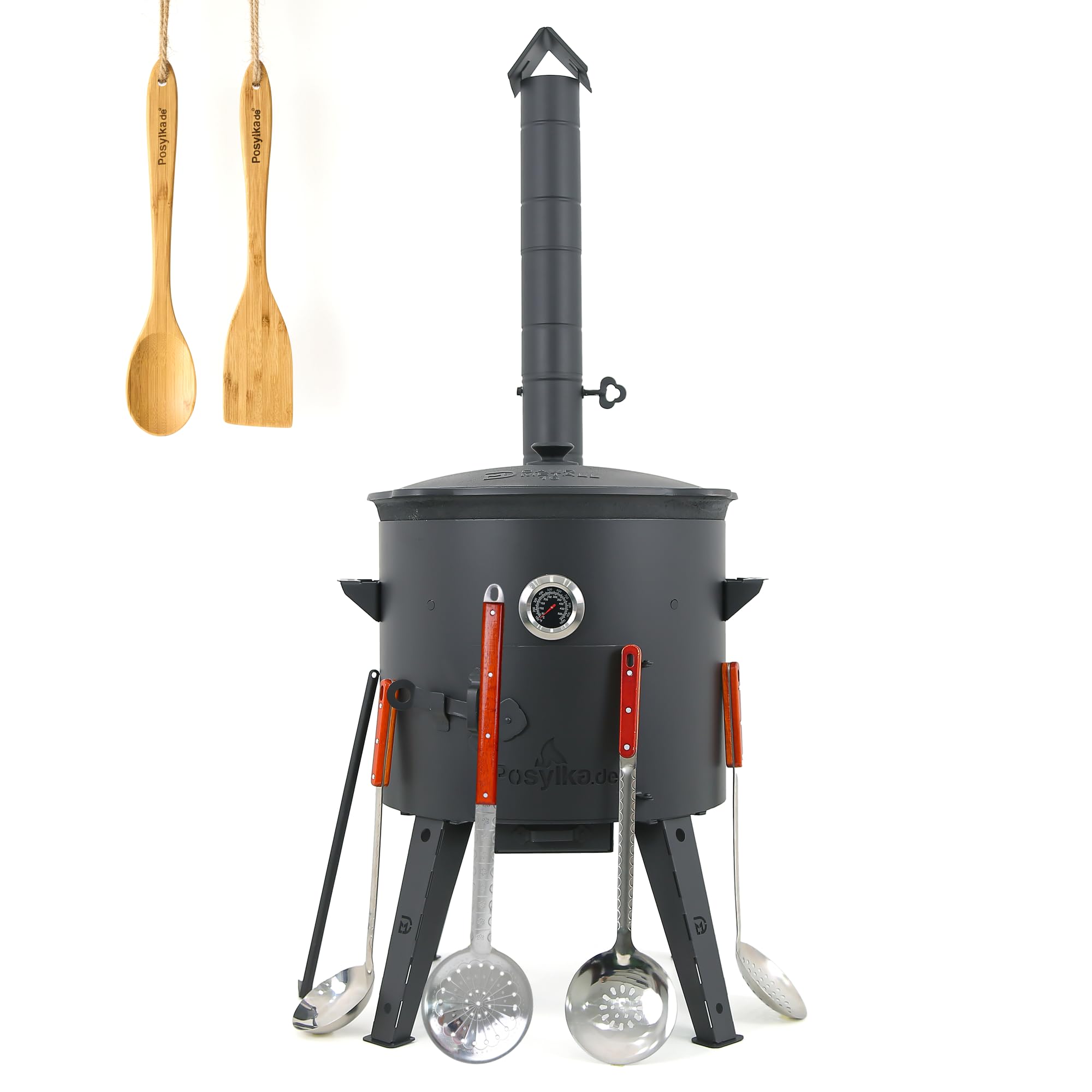 Utschak Feuerofen Ø 44 cm 2 mm Stahl mit Thermometer Usbekische Kazan 16 L runder Boden 2 Schaumlöffel 48 cm Schaumlöffel 64 cm Schöpfkelle 48 cm Löffel und Spatel 35 cm Kazan Gusseisen (Set 6)