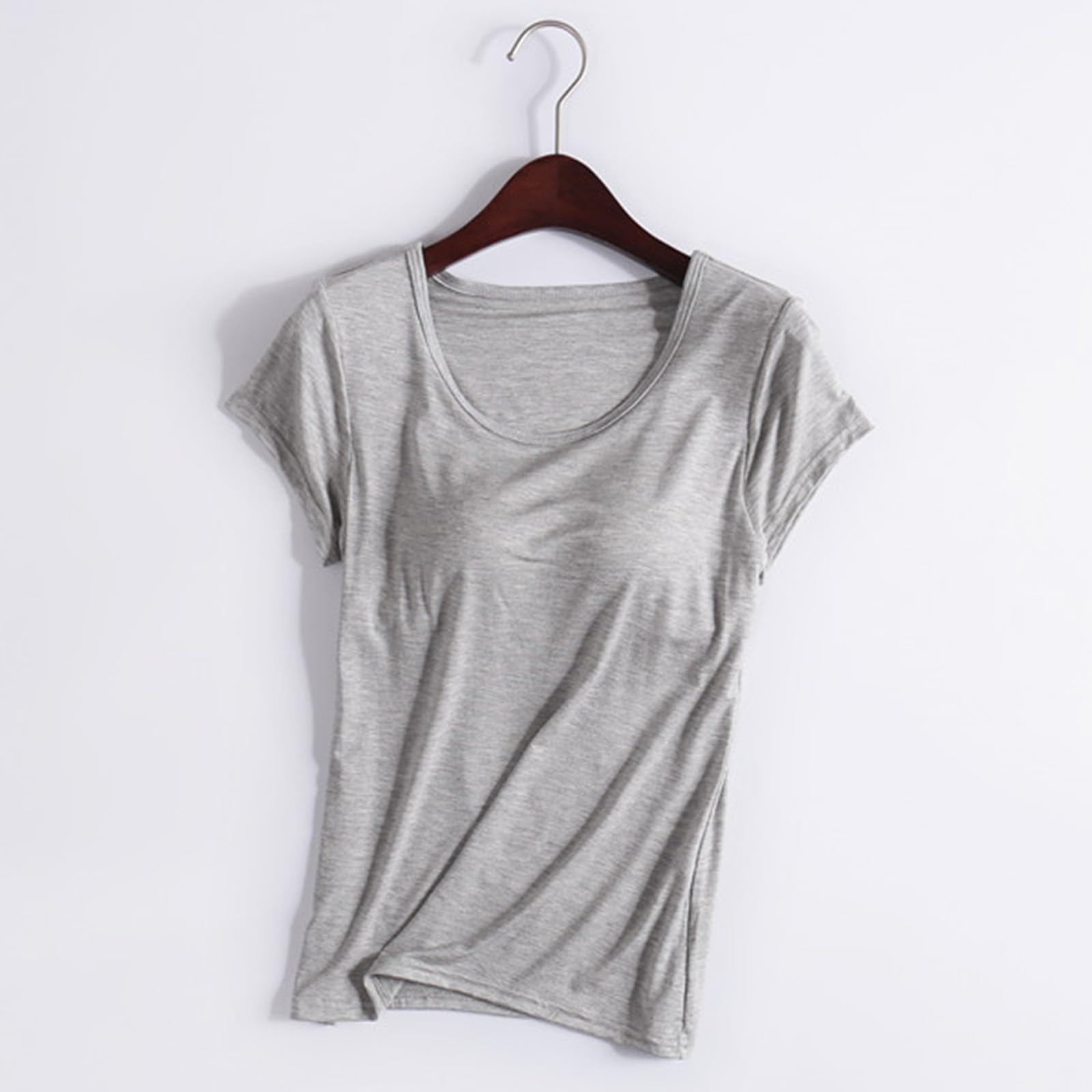Womens Shirts with Built in Bra Short Sleeve Shirts Summer Casual Athletic Workout Yoga Shelf Bra Padded T Shirts Tops — view 3